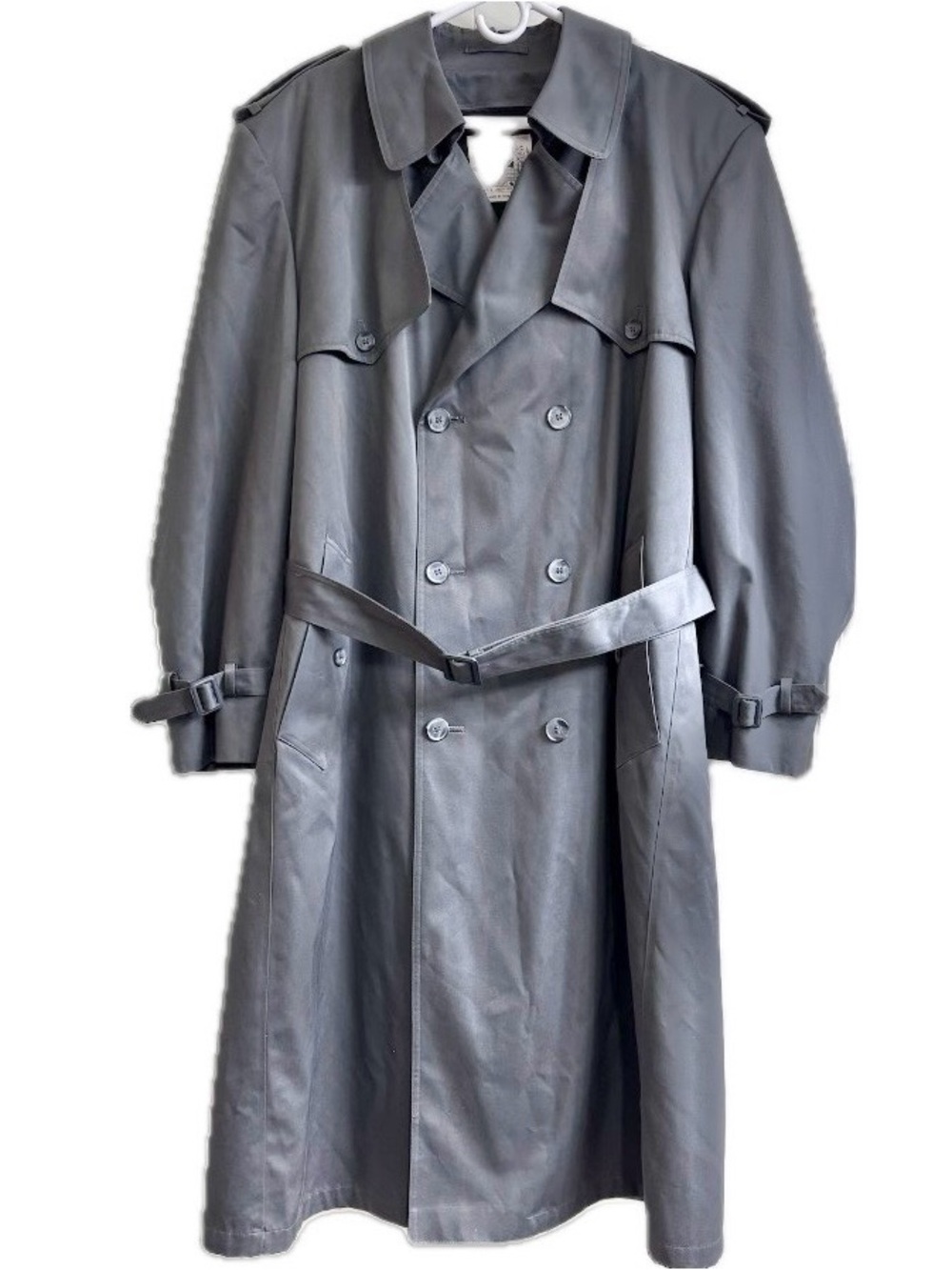 London Towne Trench Coat Men’s 46L Gray Belted Double Breasted Long Jacket 1980s